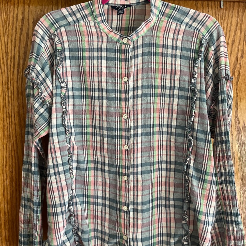 Chaps Gray Pink Plaid Casual Button Down Shirt